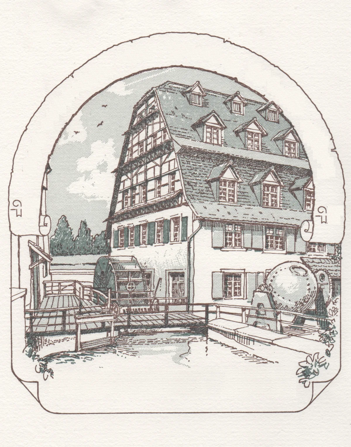 Historic watermill illustration
